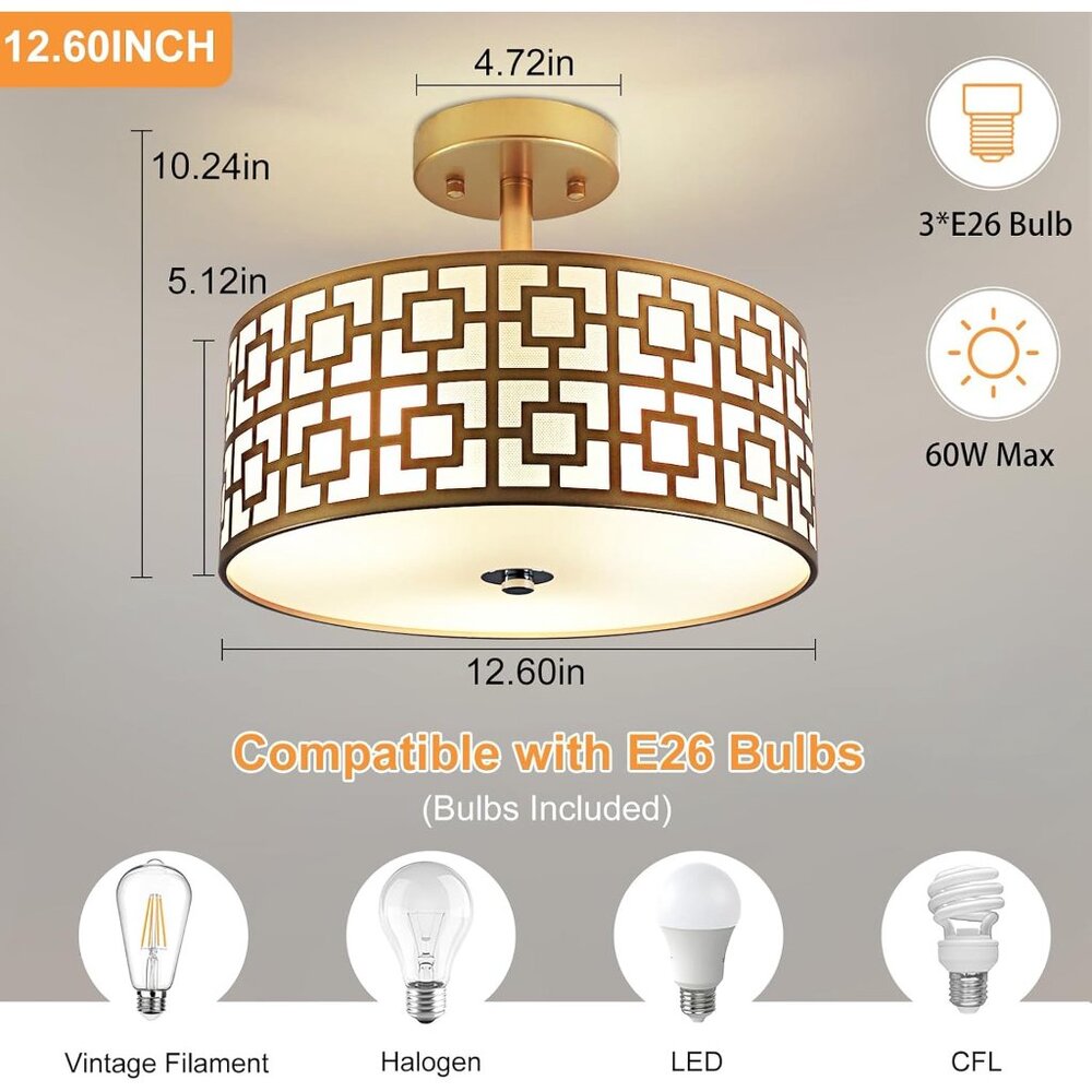 Depuley 12.6" Modern Semi Flush Mount Ceiling Light | 3-Light Drum Fixture | NIB - Picture 3 of 5